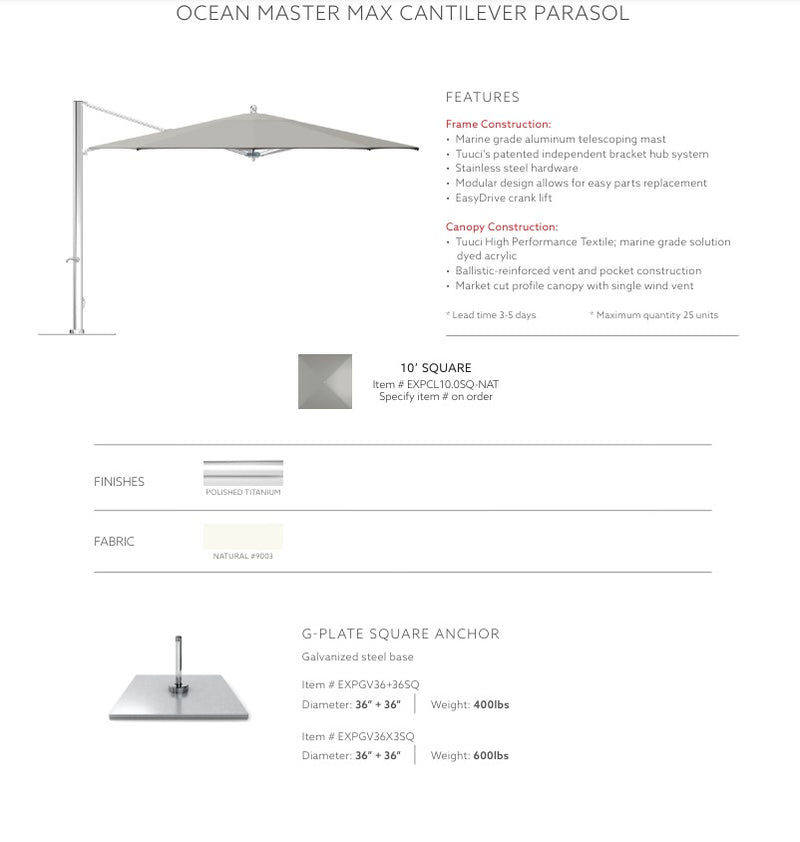 Quick Ship, Square, Ocean Master Max Cantilever Umbrella by Tuuci