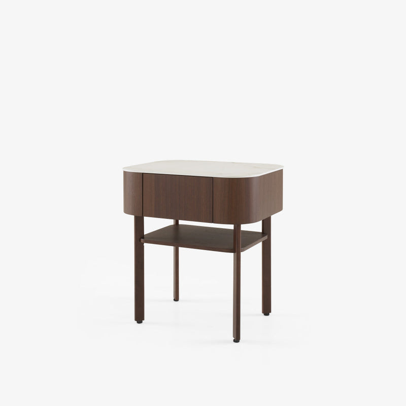 Parabole Bedside Table Dark Walnut Top In White Marble-Effect Ceramic Stoneware by Ligne Roset - Additional Image - 1