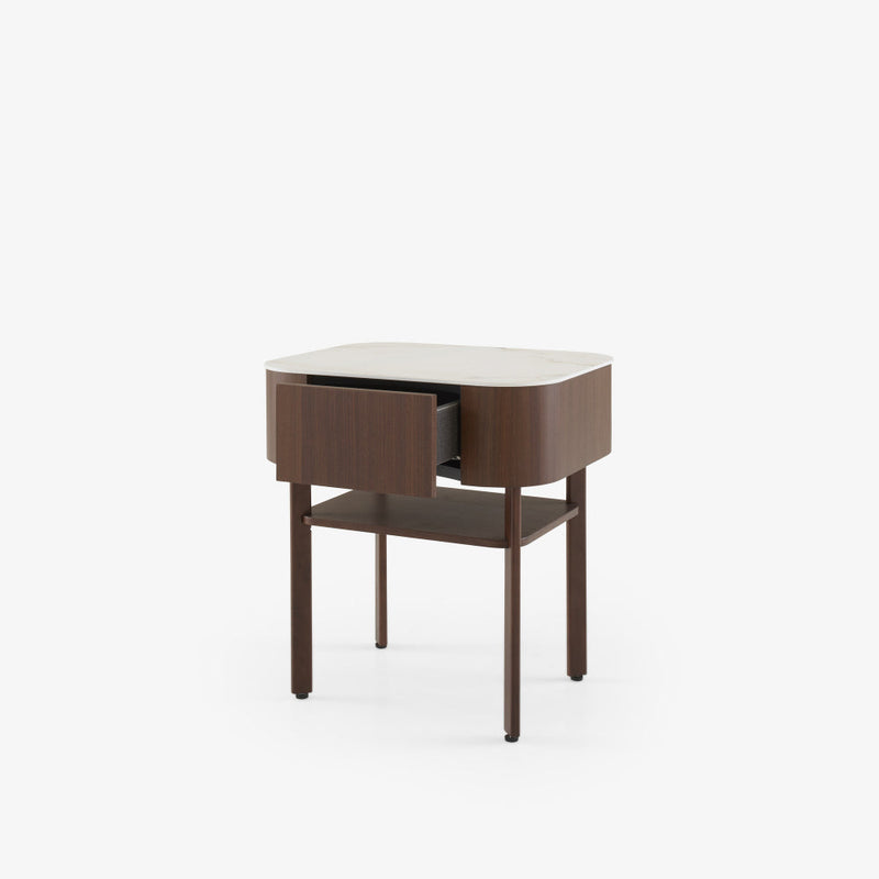 Parabole Bedside Table Dark Walnut Top In White Marble-Effect Ceramic Stoneware by Ligne Roset - Additional Image - 2