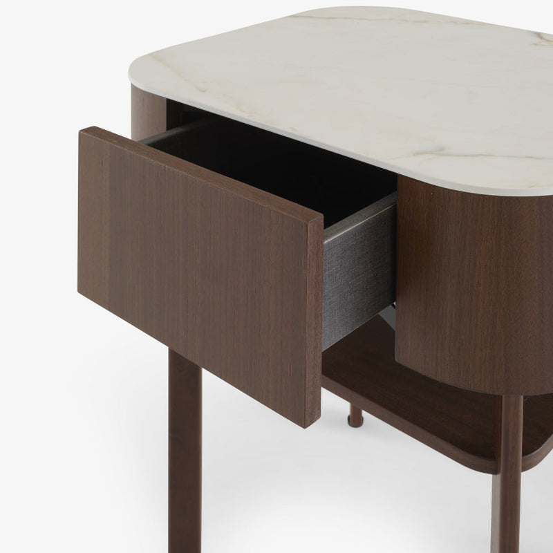 Parabole Bedside Table Dark Walnut Top In White Marble-Effect Ceramic Stoneware by Ligne Roset - Additional Image - 3