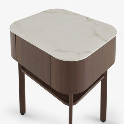 Parabole Bedside Table Dark Walnut Top In White Marble-Effect Ceramic Stoneware by Ligne Roset - Additional Image - 4