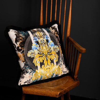 Totem Damask Black & Blue Fringed Velvet Cushion by Timorous Beasties-2