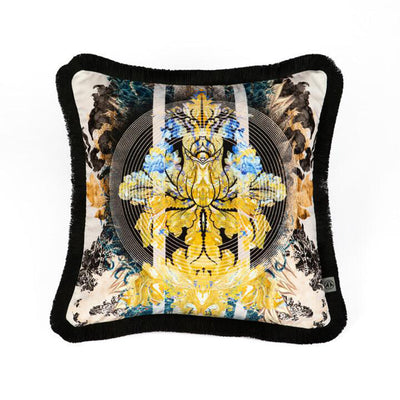 Totem Damask Black & Blue Fringed Velvet Cushion by Timorous Beasties