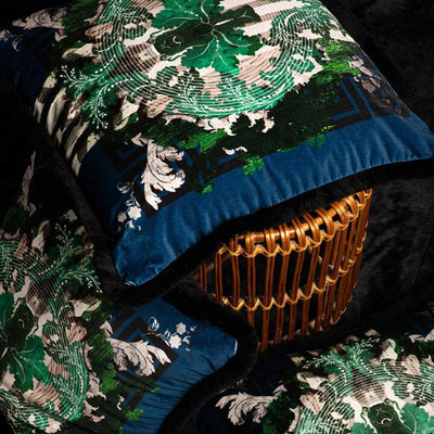 Totem Damask Navy & Green Fringed Velvet Cushion by Timorous Beasties-2