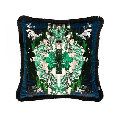 Totem Damask Navy & Green Fringed Velvet Cushion by Timorous Beasties